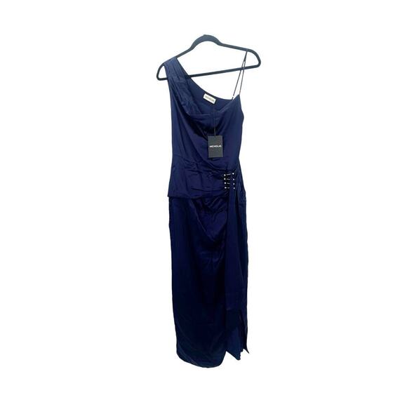 NIcholas Satin Senda Asymmetric Ruched Gown Midnight Blue Size 8 NWT - Picture 8 of 12
